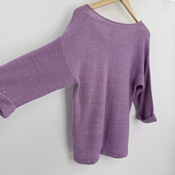 DKNY V-Neck Knit Purple Shimmery Pullover Sweater Size M Preppy Bottom Tie Flaw - Picture 4 of 11